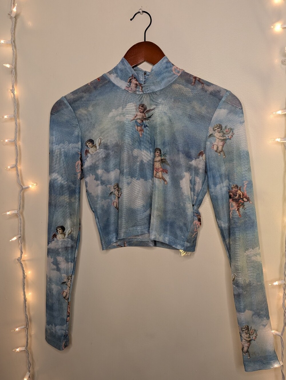 Motel Cherub/Angel/Cloud Print Long-Sleeve Sheer Crop Top - Size M
